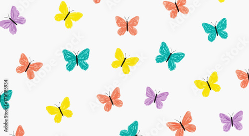 Vibrant pastel butterflies scattered across a clean white background, perfect for whimsical designs