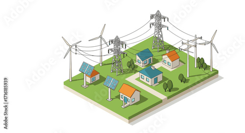 Sustainable energy community with solar panels, wind turbines, and power lines in isometric green space