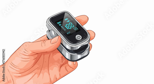 Hand holding pulse oximeter displaying readings for health monitoring, medical checkups