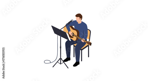 Isometric guitarist performing: man singing on stage with acoustic guitar and microphone