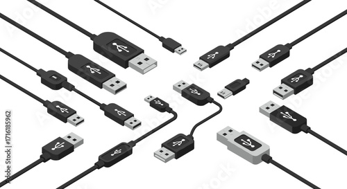 Isometric variety of usb cable types on white background