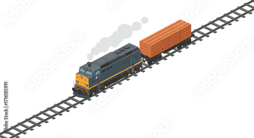 Isometric freight train on railway track with cargo carriage and locomotive in motion