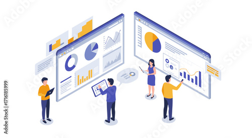 Interactive team analyzing data charts in 3d isometric office environment with graphs and diagrams