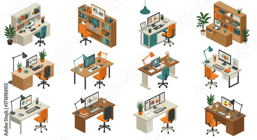 Isometric office desks with computers, lamps, and chairs in modern workspace