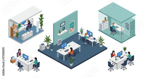 Modern isometric office spaces with collaborative work environment and technology