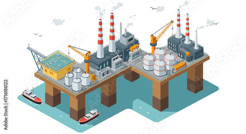 Isometric offshore oil platform with cranes, tanks, and boats in detailed 3d design