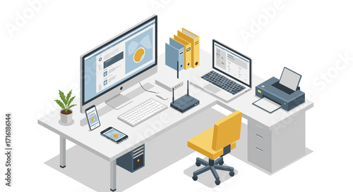 Modern office workspace with computer and printer in isometric style