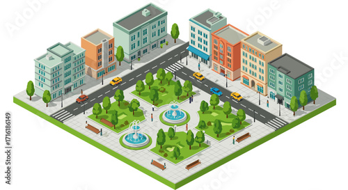 Isometric city park with buildings and street view showcasing urban landscape
