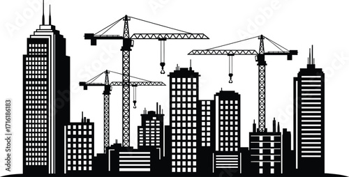 Modern city skyline silhouette with construction cranes, high rise buildings, urban development, architecture growth, skyscraper design, real estate construction illustration.