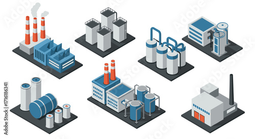 Isometric industrial buildings set featuring factories and storage tanks