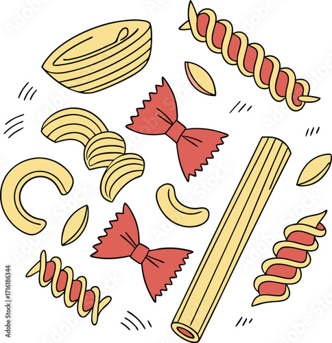 Scattered assortment of various pasta shapes in a flat lay composition
