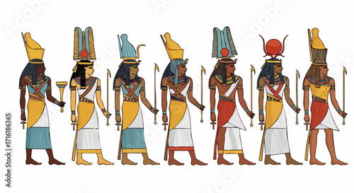 Ancient Egyptian gods and goddesses depicted in traditional art style with ornate headdresses and regal attire.
