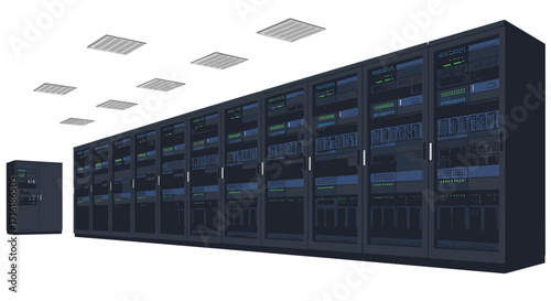 Modern data center with large server racks and digital infrastructure