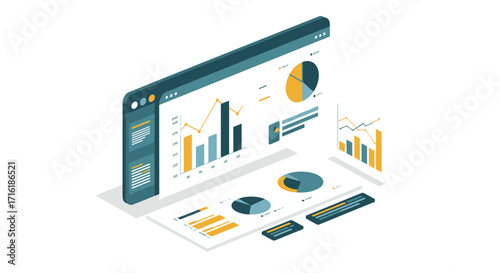 Isometric business analytics dashboard with graphs and charts in modern design