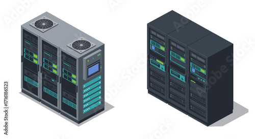 Isometric data center servers with cooling vents and control panels