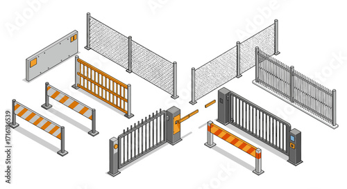 Modern isometric security barriers and gates collection for property protection design