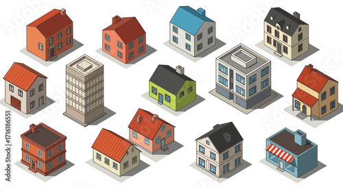 Isometric houses collection featuring diverse architectural styles and designs