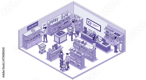 Isometric supermarket interior with shoppers and shelves in purple tones