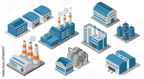 Isometric industrial buildings set with factories and warehouses