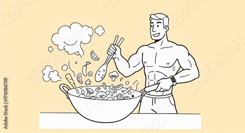 Healthy Cooking with a Muscular Man Stir-Frying Vegetables in a Wok - Vector Illustration