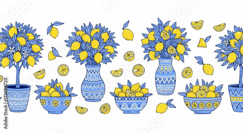 Vibrant lemon trees and bowls bursting with fresh citrus fruit bring sunny Mediterranean vibes