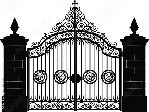 Ornate wrought iron gate with stone pillars, symmetrical scrollwork, vintage cross, and classical finials for historic architecture and entrance design