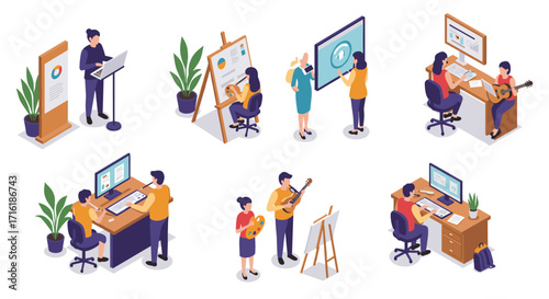 Creative teamwork and learning in a modern office setting with various activities