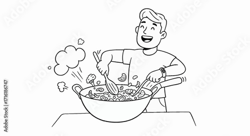 Joyful Man Cooking Delicious Stir-Fry in Wok