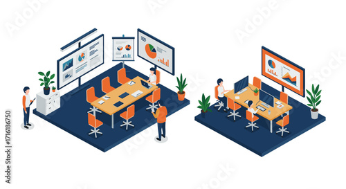 Isometric office meeting and workspace design with charts and teamwork