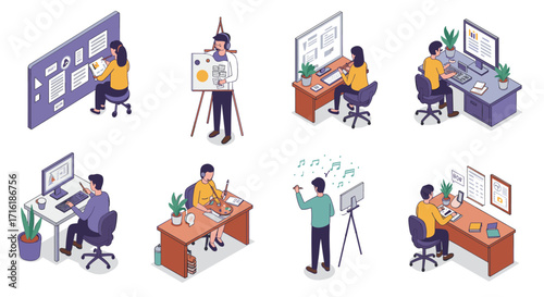 Diverse work scenes featuring people in various office and creative roles in isometric style