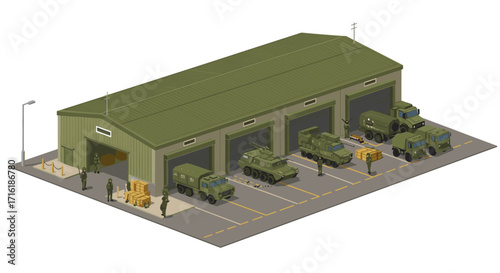 Modern isometric military warehouse with vehicles and personnel