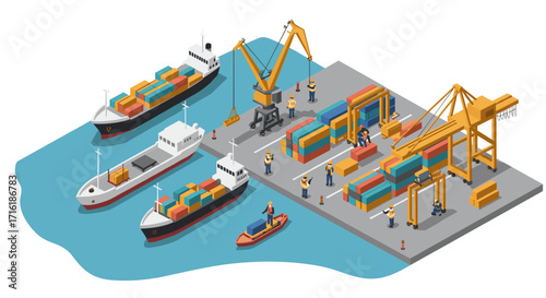 Busy maritime port with cargo ships and workers in isometric style
