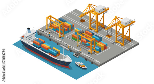Isometric shipping port scene featuring cargo ship, cranes, and containers