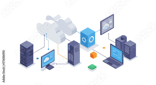 Cloud computing isometric network with server, laptop, and cloud storage connections