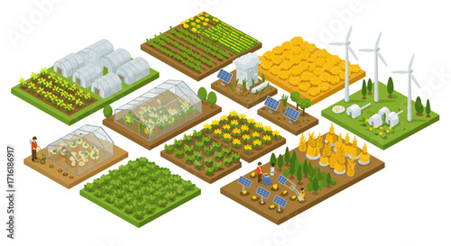 Isometric sustainable farming practices with greenhouses and renewable energy solutions