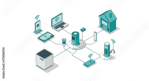 Smart home network isometric design featuring connected devices and iot technology