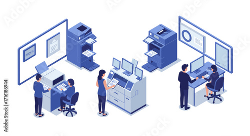 Modern isometric office printing and copying setup with employees