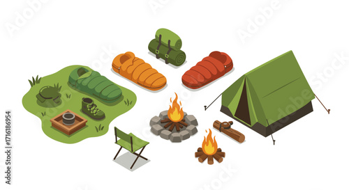Camping gear and campfire scene featuring tent and sleeping bags in isometric style