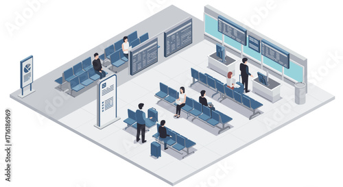Modern airport waiting area with passengers and departure info
