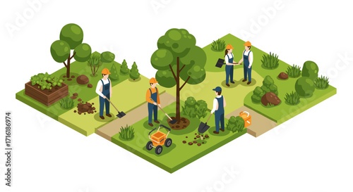 Isometric garden landscape with workers planting and gardening in lush greenery
