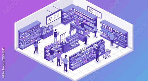 Isometric grocery store interior with shoppers and products in modern style