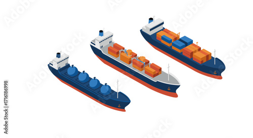 Isometric cargo ships with containers and tanks on white background