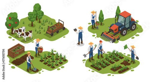 Isometric farming scene with farmers, tractor, and livestock on green landscape