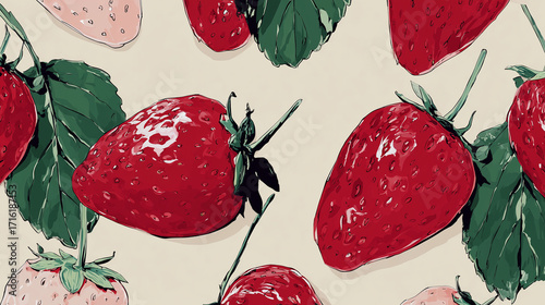Red strawberries illustrated on light background with leaves  