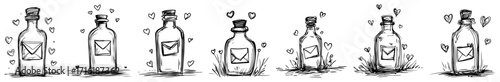 Doodle Collection of a Message in a Bottle with Hearts
