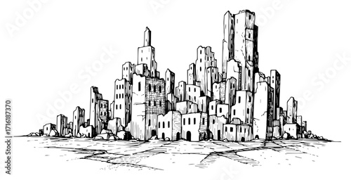 Sketch of a Ruined City in a Post Apocalyptic World black shape vector laser cutting engraving monochrome print