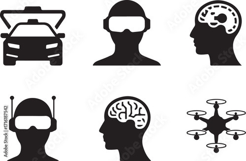 Futuristic tech icons: car, VR, brain, drone