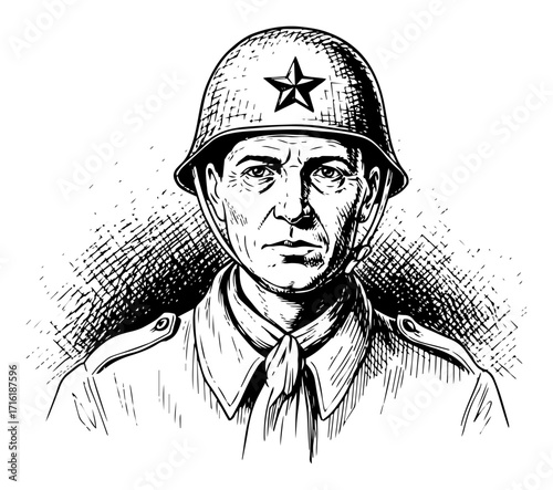 Hand Drawn Portrait of a Vintage Soldier in a Helmet black shape vector laser cutting engraving monochrome print