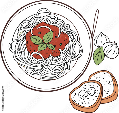 Appetizing pasta dish with golden garlic bread on a clean plate