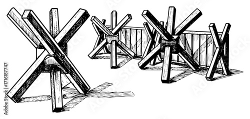 Czech Hedgehog Anti Tank Obstacles and Barbed Barrier Illustration black shape vector laser cutting engraving monochrome print